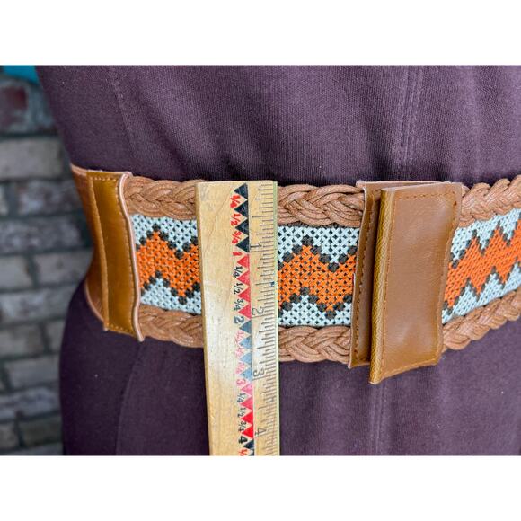 elastic belt boho embroidered braided orange brown white - Picture 3 of 7